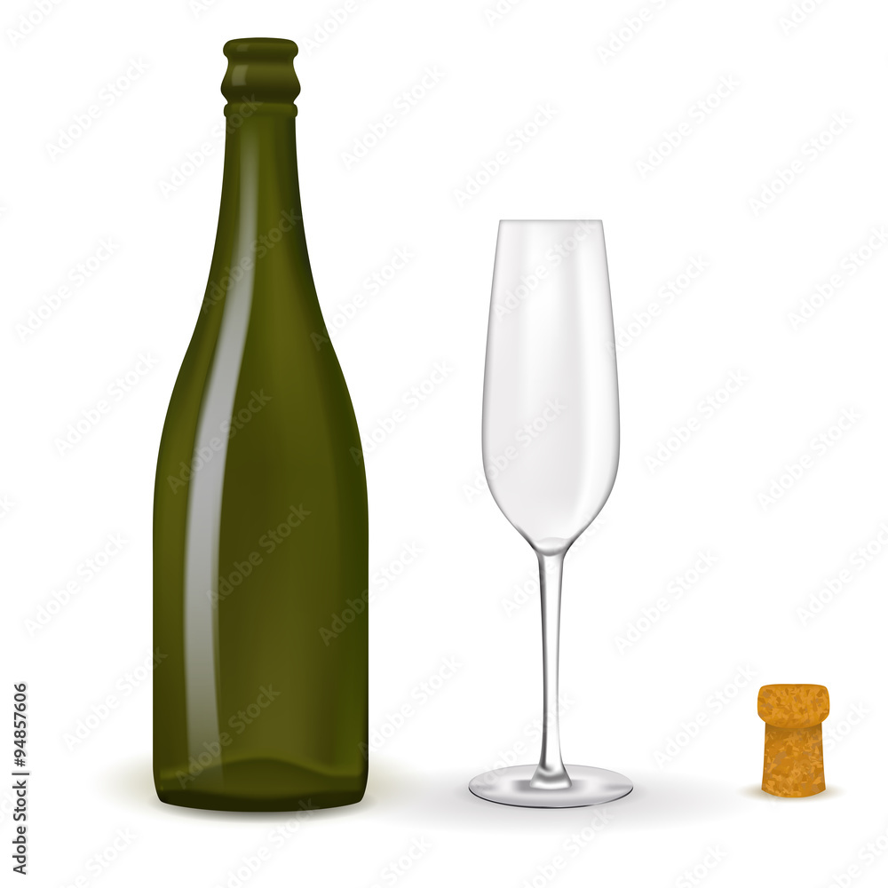 Empty bottle of wine, champagne with wine cork and glass. Empty bottle of wine, champagne with wine cork and glass.