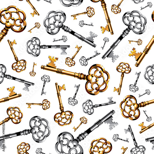 Gold and silver vintage keys on white background seamless pattern