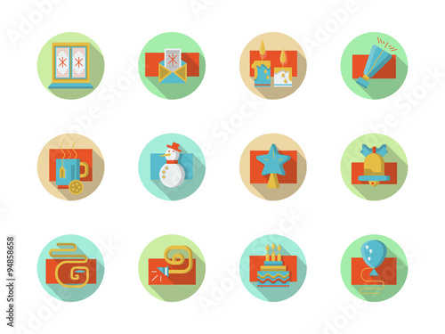 Winter holidays colored round vector icons set