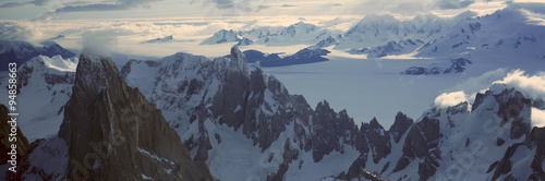 Panoramic aerial view at 3400 meters of Mount Fitzroy, Cerro Torre Range and Andes Mountains, Patagonia, Argentina