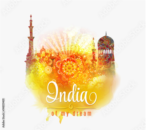India of my dream. Illustration of India in saffron and green color splash floral background