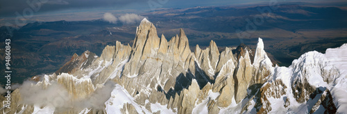 Aerial view at 3400 meters of Mount Fitzroy, Cerro Torre Range and Andes Mountains, Patagonia, Argentina
