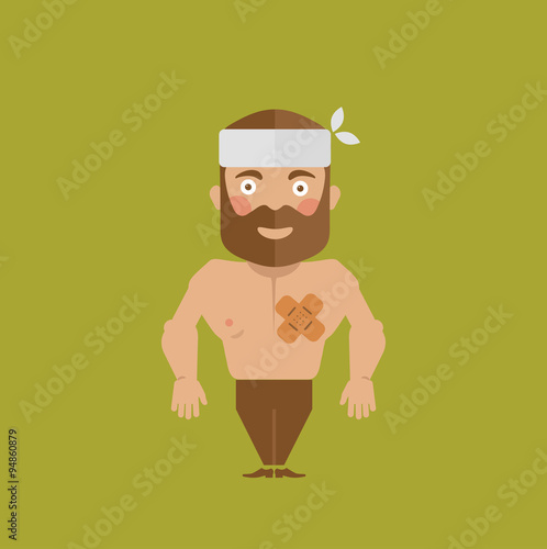 Hurt men.Patient man character with sticking-plaster, patch on chest, after heart operation.