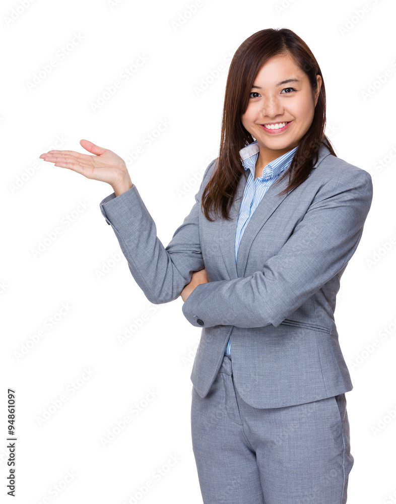 Aisan Young Businesswoman with open han palm Aisan Young Businesswoman with open han palm