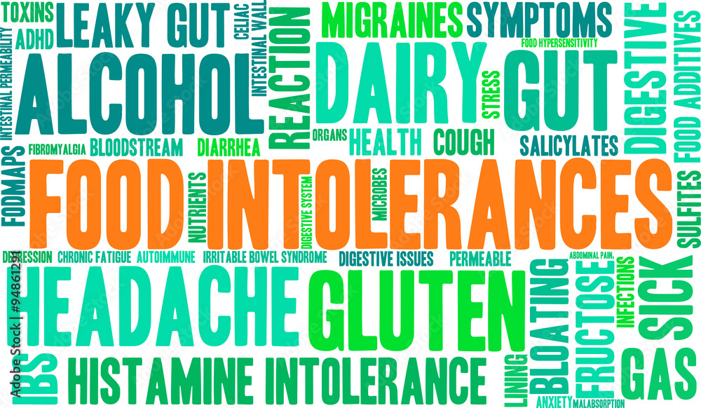 Food Intolerances word cloud on a white background. Food Intolerances word cloud on a white background.