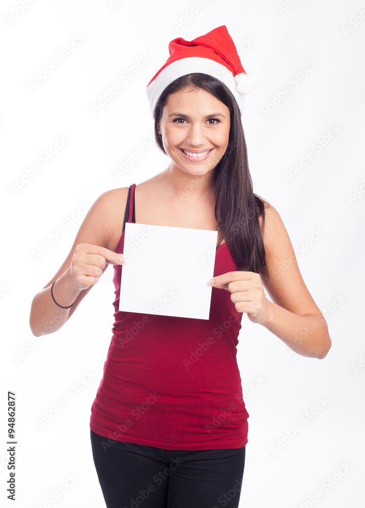 Santa woman showing blank sign Santa woman showing blank sign