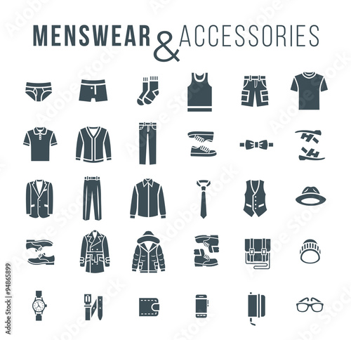 Men fashion clothing and accessories flat outline vector icons. Silhouettes objects of male outfit clothes, underwear, shoes and every day essentials for any season. 