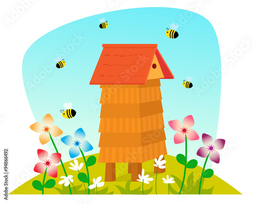 Beehive - Cute cartoon beehive on a field with flowers and bees. Eps10