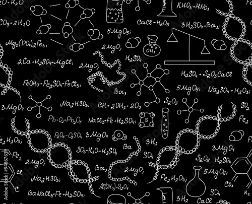 Scientific vector seamless pattern with chemical and biochemical formulas, plots and laboratory equipment. Endless texture. You can use any color of background