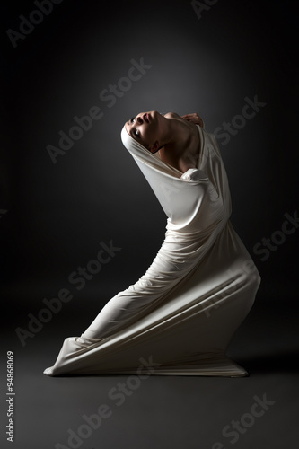 Photos Madness concept. Emotional girl in strange pose