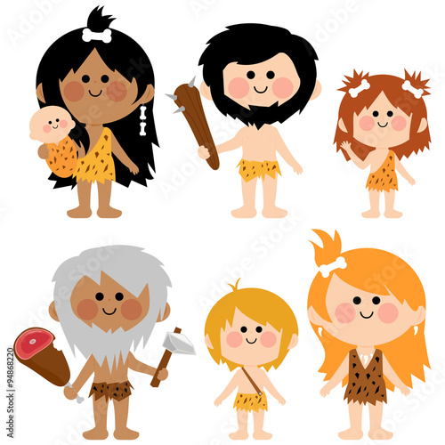 Set of cavemen people in fur and animal skins. Vector illustration