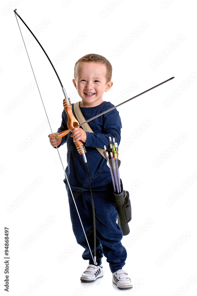 Happy 3 years old boy, holding a handmade bow with an arrow and Happy 3 years old boy, holding a handmade bow with an arrow and