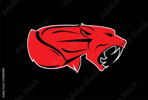puma, puma head, panther head, roaring fang face in the dark. muscular fang face. red beast on the black background.