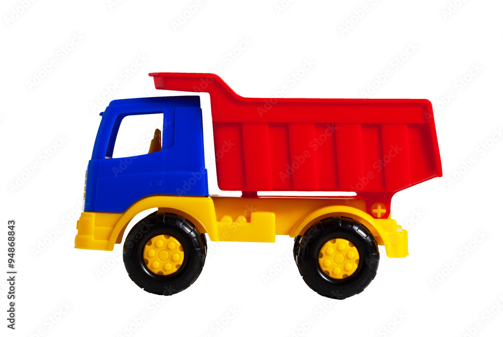 A bright plastic toy truck side view