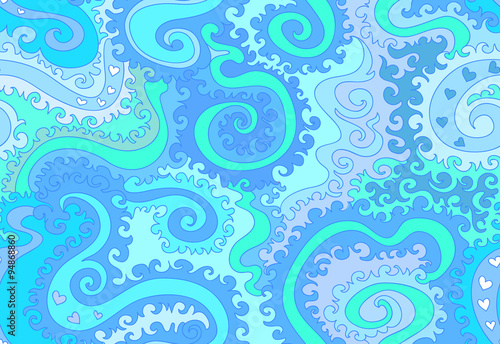 Decorative vector seamless pattern with abstract shapes and blue aquamarine curling lines. Endless texture
