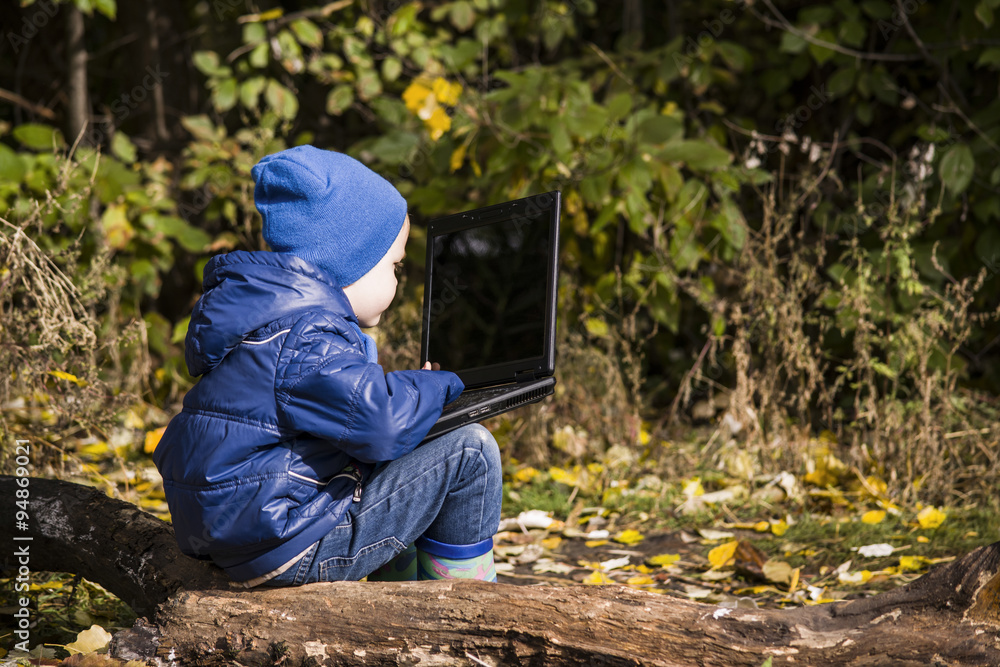 boy playing laptop nature autumn boy playing laptop nature autumn