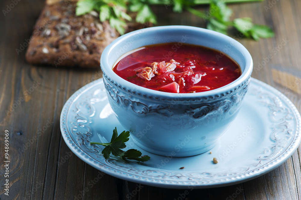 Traditional russian beetroot soup with parsley Traditional russian beetroot soup with parsley