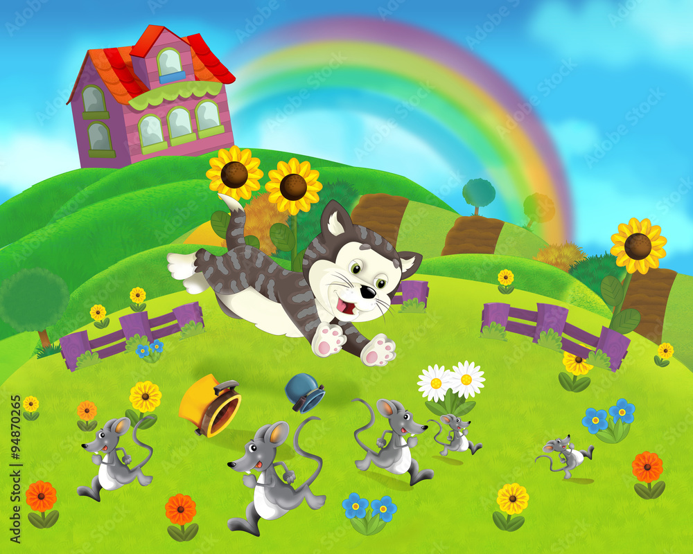 Obraz premium The farm scene for kids - cartoon background - illustration for the children
