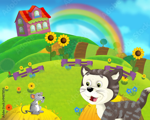 The farm scene for kids - cartoon background - illustration for the children