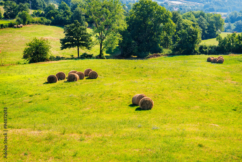 Tuscany landscape with haystacks, Italy.