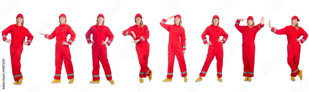 Woman in red overalls isolated on white Woman in red overalls isolated on white