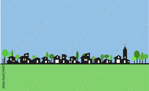 City life. Illustration of a little town: architectural building and urban space with trees, field and and church in panoramic view