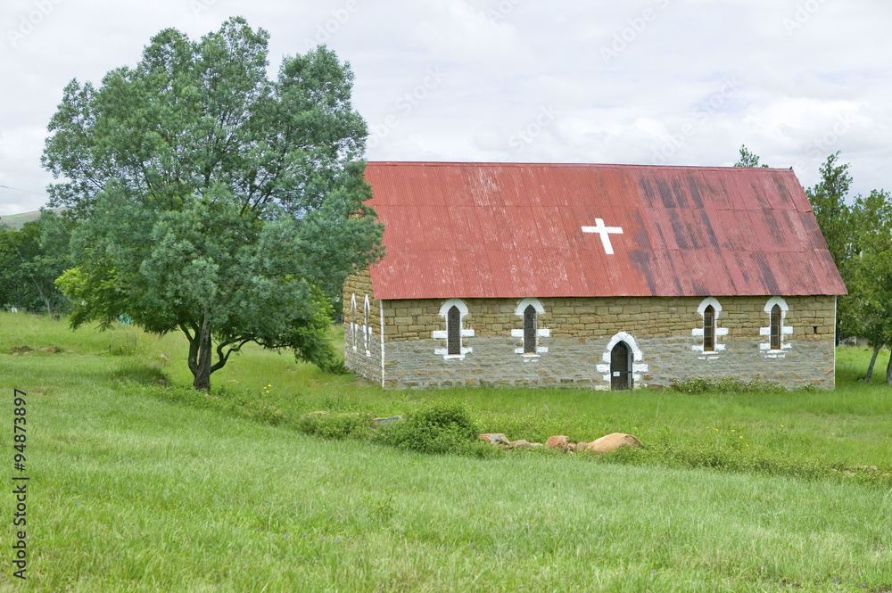 Obraz premium Dutch church with cross at site of Rorke's Drift/Shiyani Battlefield, where on January 22, 1879, Anglo Zulu war was fought in KwaZulu-Natal, Zululand, South Africa