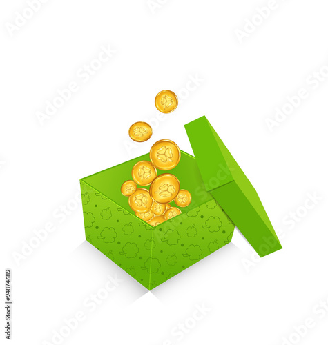 Open cardboard box  with golden coins for St. Patrick's Day, iso