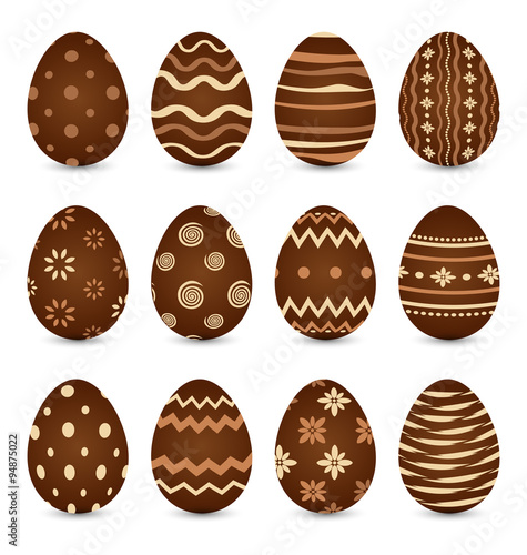 Easter set chocolate ornate eggs with shadows isolated on white 
