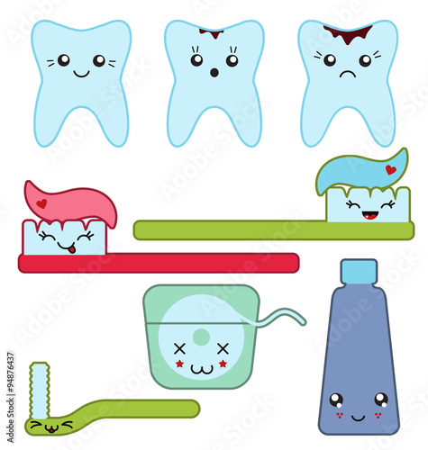 Dental care kawaii things set isolated 