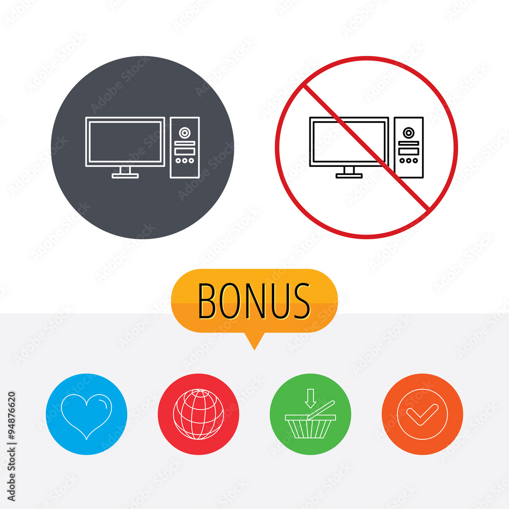 Computer PC icon. Widescreen display sign. Computer PC icon. Widescreen display sign.