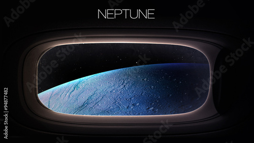 Neptune - Beauty of solar system planet in spaceship window porthole. Elements of this image furnished by NASA