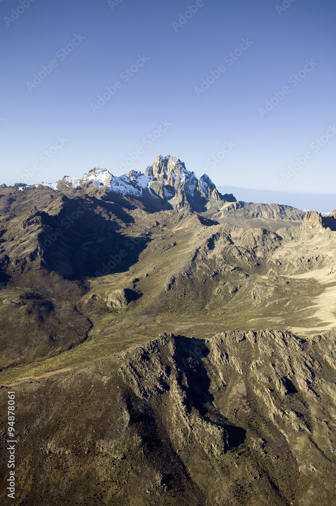 Aerial of Mount Kenya, Africa and snow in January, the second highest mountain at 17,058 feet or 5199 Meters