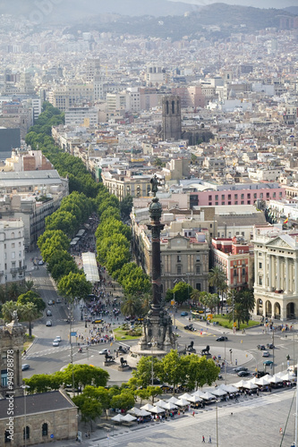 Aerial view of La Rambla near the waterfront with Columbus statue in Barcelona, Spain