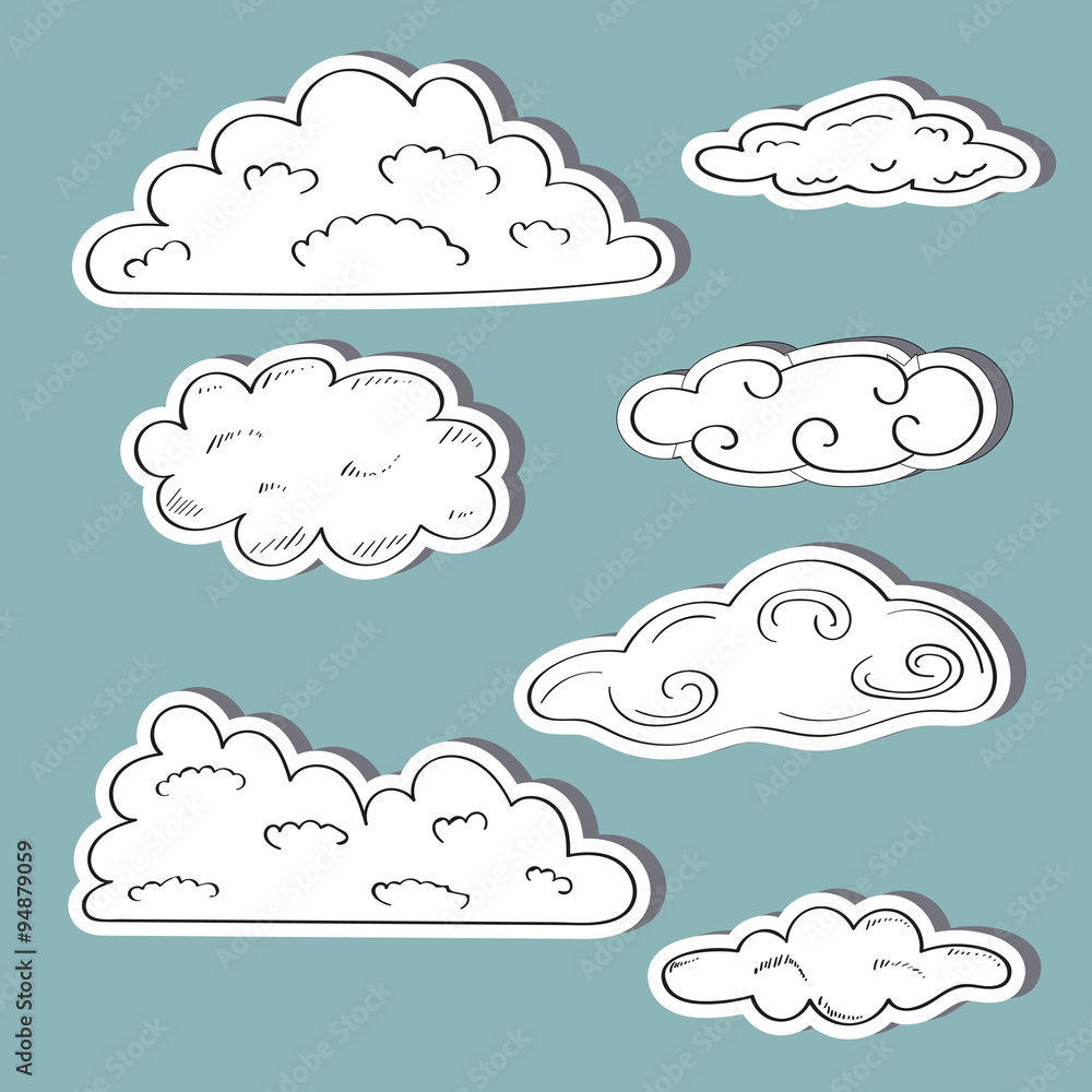 Set of clouds on blue background, vector illustration.