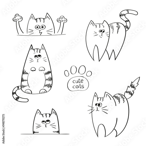 Set of doodle funny cats, sketchy vector illustration. 