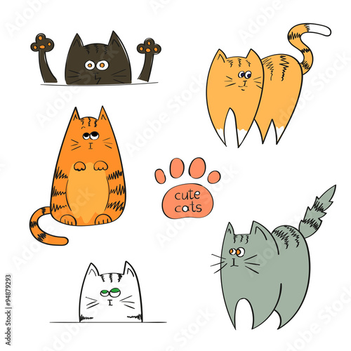 Set of doodle cute cats isolated on white background. Colorful vector illustration. 