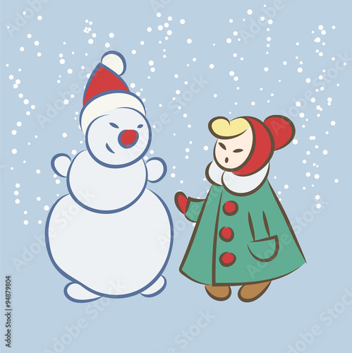 Vector hand drawing snowman and girl