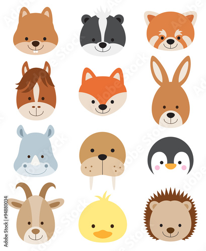 Fototapeta Naklejka Na Ścianę i Meble -  Vector illustration of animal faces including squirrel, hamster, skunk, red panda, horse, fox, kangaroo, rhino, walrus, penguin, goat, duck, and hedgehog.