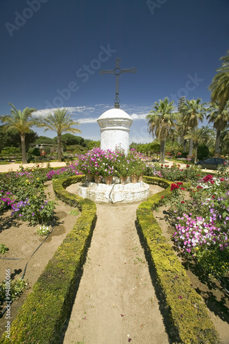 Gardens of 15th-century Franciscan Monasterio de Santa Mar’a de la R‡bida, Palos de la Frontera, a Heritage of Mankind Site in the Huelva Provence of Andalucia and Southern Spain, the seaside spot where Christopher Columbus planned and departed from the Old World to the New World in August 3 of 1492