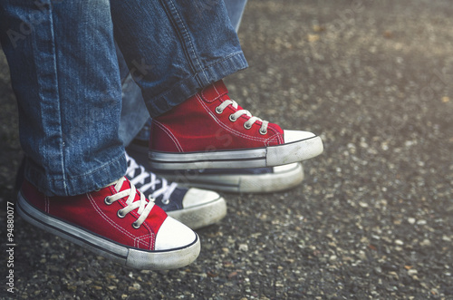 Children's shoes. Red vintage sneakers.