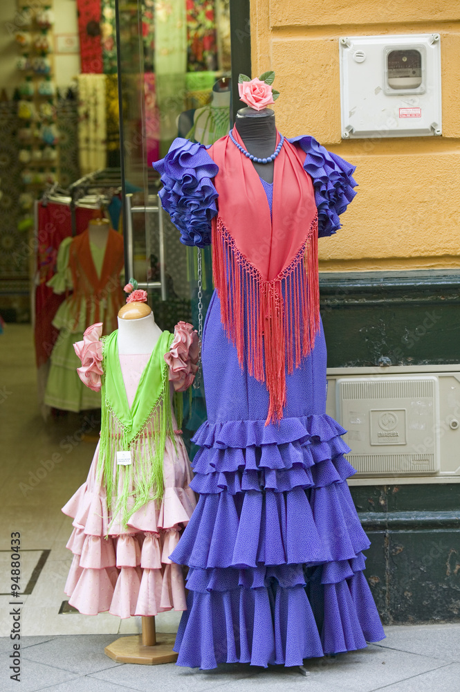 Flamenco dress is displayed in Centro old district of Sevilla Spain