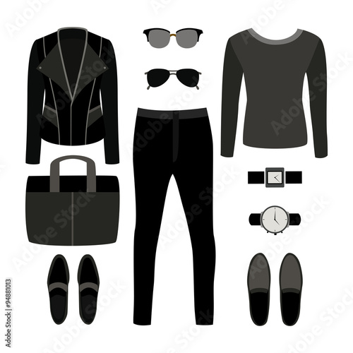 Set of monochrome trendy men's clothes with rocker jacket, pullover, pants and accessories. Men's wardrobe. Vector illustration