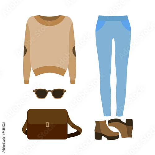 Set of trendy women's clothes with jeans, pullover and accessories. Women's wardrobe. Vector illustration