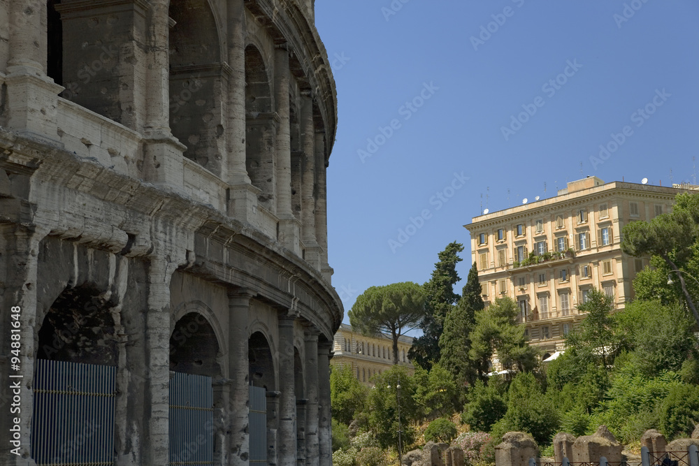 The Colosseum or Roman Coliseum, originally the Flavian Amphitheatre, an elliptical amphitheatre in the centre of the city of Rome, the largest ever built in the Roman Empire, Rome, Italy, Europe
