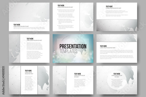 Set of 9 vector templates for presentation slides. Molecule structure, dotted world globe. Scientific graphic design