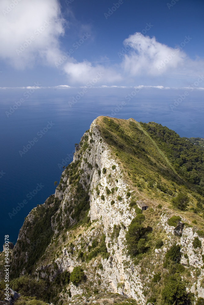 Elevated view of Capri, an Italian island off the Sorrentine Peninsula on the south side of Gulf of Naples, in the region of Campania, Province of Naples, Italy, Europe