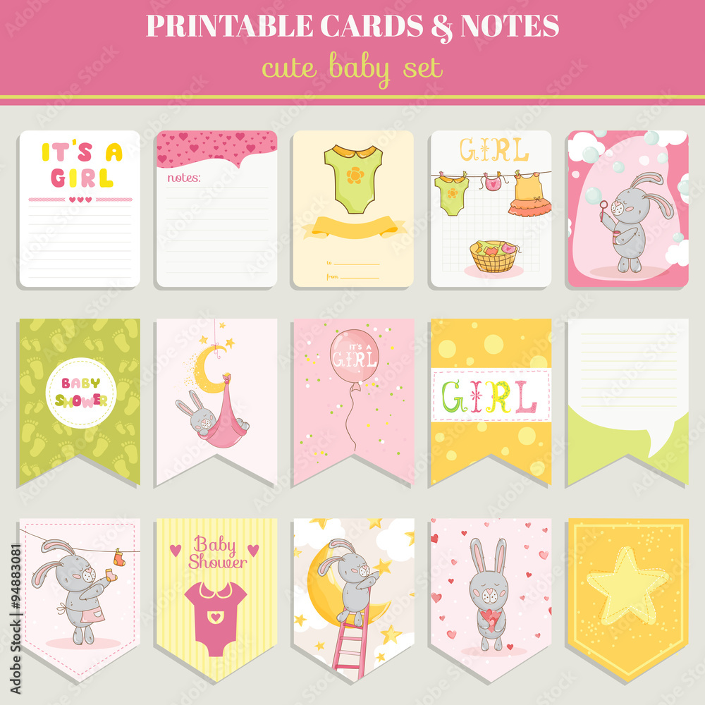 Baby Girl Card Set - for birthday, baby shower, party, design Baby Girl Card Set - for birthday, baby shower, party, design