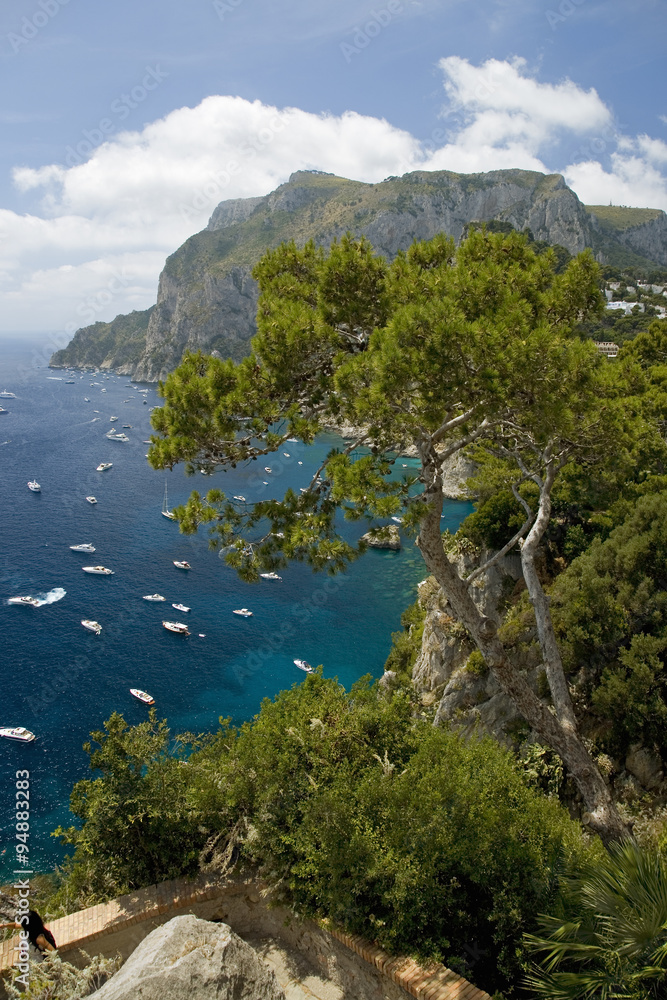 Elevated view of blue waters of the City of Capri, an Italian island off the Sorrentine Peninsula on the south side of Gulf of Naples, in the region of Campania, Province of Naples, Italy, Europe