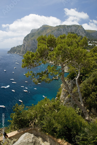 Elevated view of blue waters of the City of Capri, an Italian island off the Sorrentine Peninsula on the south side of Gulf of Naples, in the region of Campania, Province of Naples, Italy, Europe